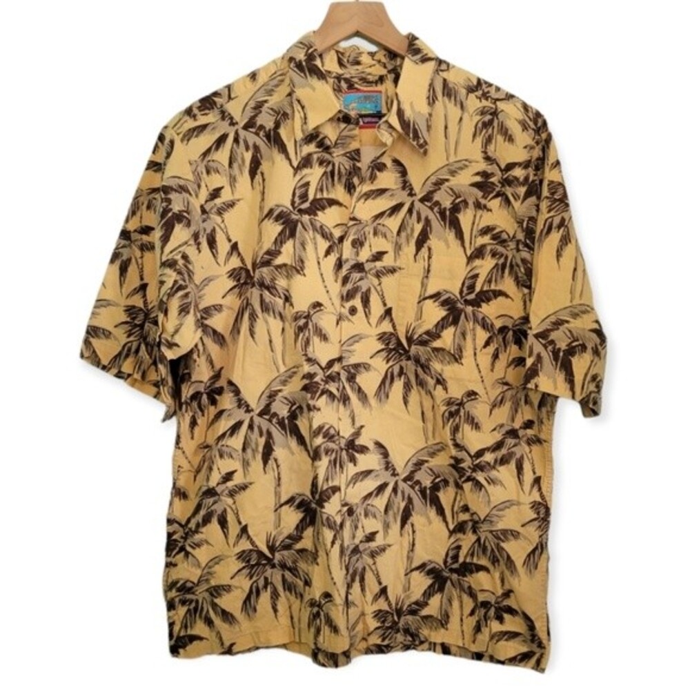 Joe Kealoha by Reyn Spooner Yellow Palm Tree Tropical Hawaiian Shirt Size Large